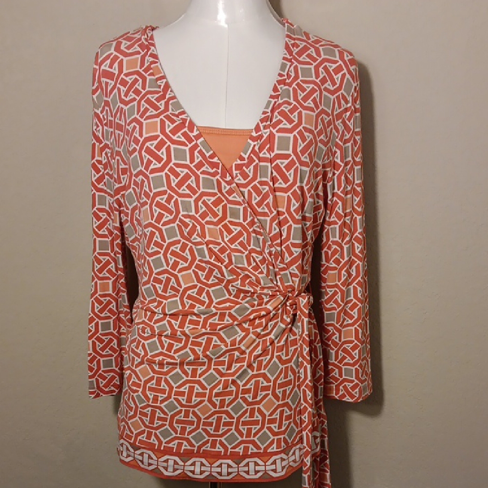 New York & Company Orange and White Wrap Blouse Plus Matching Camisole